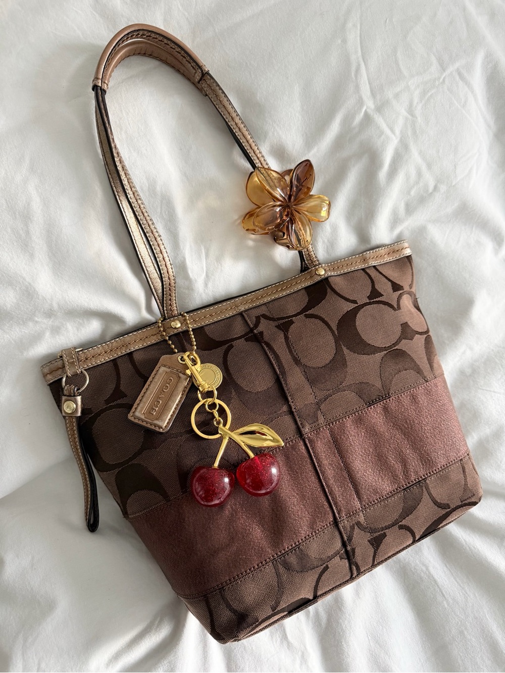vintage Coach Signature Stripe Brown Canvas Small Tote Bag